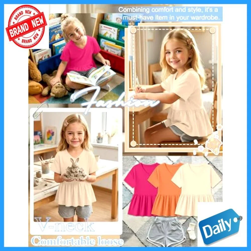 Girls 3-Pack Short Sleeve Peplum Babydoll Tunic Tees V-Neck Ruffle Hem